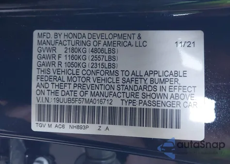 2021 Acura Tlx A-Spec Package z USA, uszkodzony, nr VIN 19UUB5F57MA016712